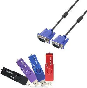 ENUODA VGA to VGA Cable, 15 Pin 4.9 Feet Male to Male VGA Adapter for Computer PC to Monitor Screen Projector and 4 Pack High Speed 64GB USB Flash Drive for Storage and Backup