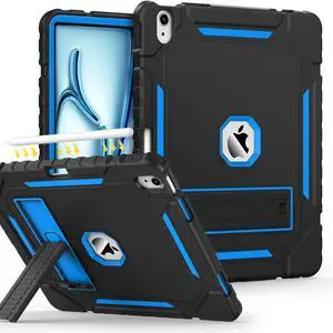 Grifobes Case for iPad Air 13-inch (M3/M2) 2025/2024, Heavy Duty Shockproof Rugged Protective Cover with Pencil Holder/Built-in Stand for i Pad Air 13" (Black+Sky Blue)