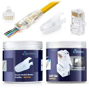 Everest Media Solutions RJ45 Cat5e Pass Through Connectors and Strain Relief Boots - Pack of 100/100 | EZ to Crimp Modular Plug for Solid or Stranded UTP Network Cable