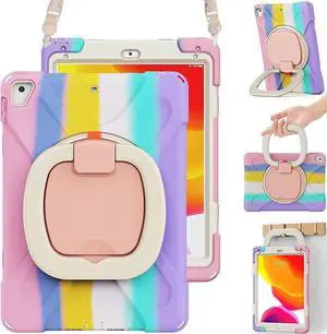 Heavy Duty Case for iPad 9.7 inch,Shockproof Protective Rugged Cover with Pencil Holder &Rotating Kickstand &Shoulder Strap,Compatible with iPad 6th/5th /Air 2/Pro 9.7 (Colourful Pink)