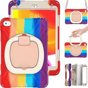 iPad Mini 5 Case,iPad Mini 4 Case,Protective Rugged Case with Pencil Holder, 360deg Swivel Stand/Handle Grip/Shoulder Strap for Kids, Boys, Girls (Colourful Red)