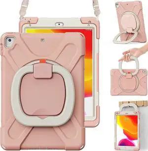 Heavy Duty Case for iPad 9.7 inch,Shockproof Protective Rugged Cover with Pencil Holder &Rotating Kickstand &Shoulder Strap,Compatible with iPad 6th/5th /Air 2/Pro 9.7 (Pink)