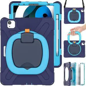 PboyiqiS for iPad Air 11 2025/2024 Case, Heavy Sturdy Shockproof Kids Case,Rotating Stand/Pencil Holder/Carrying Strap,Aslo for iPad Air 5/4/Pro 11 (Navy+Blue)