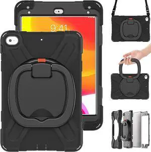 iPad Mini 5 Case,iPad Mini 4 Case,Protective Rugged Case with Pencil Holder, 360deg Swivel Stand/Handle Grip/Shoulder Strap for Kids, Boys, Girls (Black)