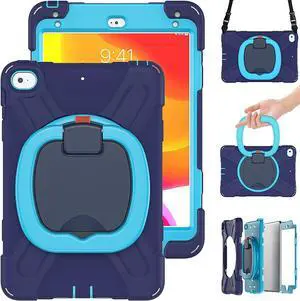 iPad Mini 5 Case,iPad Mini 4 Case,Protective Rugged Case with Pencil Holder, 360deg Swivel Stand/Handle Grip/Shoulder Strap for Kids, Boys, Girls (Navy+Blue)