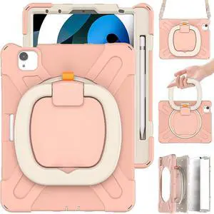 PboyiqiS for iPad Air 11 2025/2024 Case, Heavy Sturdy Shockproof Kids Case,Rotating Stand/Pencil Holder/Carrying Strap,Aslo for iPad Air 5/4/Pro 11 (Pink)