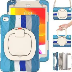 iPad Mini 5 Case,iPad Mini 4 Case,Protective Rugged Case with Pencil Holder, 360deg Swivel Stand/Handle Grip/Shoulder Strap for Kids, Boys, Girls (Colourful Blue)