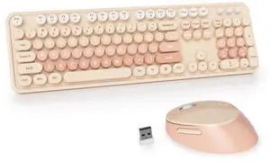 GTSP Colorful Brown Wireless Keyboard and Mouse Combo, Retro Wireless Typewriter Full-Size Cute Office Keyboard 2.4GHz with Round Keycaps for Desktop Laptop and PC (Cute Brown)