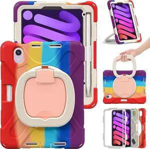 PboyiqiS iPad Mini 7/6 Case - 8.3 inch Shockproof Protective Case with Charging Pencil Holder, 360 Swivel Stand, Handle Grip Shoulder Strap (Colourful Red)
