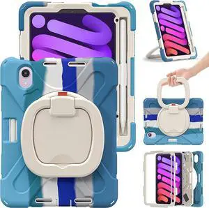 PboyiqiS for iPad Mini 7 2024 Case, Also for Mini 6 2021 8.3 inch, with Charging Pencil Holder 360deg Swivel Stand Handle Grip Shoulder Strap, Shockproof Protective Rugged Case (Colourful Blue)