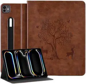 HFcoupe for iPad Pro 13 inch Case 2024 M4 7th Gen, Book Style iPad Pro case 13" with Elastic Pencil Holder - Magnetic Closure - Embossing Print Cover Support Touch ID and Auto Wake/Sleep, Tan