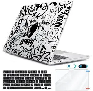 HOHAIYOO for MacBook Pro 14 inch Case M4 M3 M2 M1 A3112 A3185 A3401 A2918 A2992 A2779 A2442 2021 2022 2023 2024 Release, Hard Shell Case+Keyboard Cover+Screen Protector+Webcam Cover, Black Graffiti