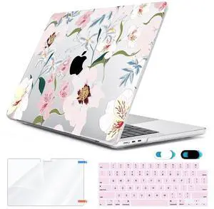 HOHAIYOO Compatible with MacBook Air 13.6 inch Case 2025 2024 2023 2022 Release M4 A3240 M3 A3113 M2 A2681 with Touch ID, Plastic Hard Shell Case&Keyboard Cover&Screen Film&Webcam Cover, Pink Floral