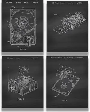 Computer Hard Drive Patents, Set of 4 Wall Art Decor for Home Office School College Teacher Student Tech Support Department Man Cave Geek