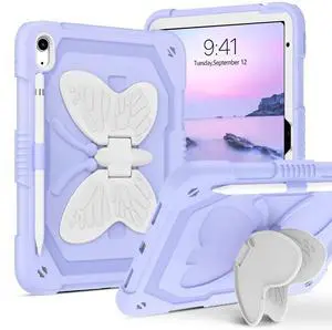 DUEDUE for iPad(A16) 11th Generation 11 Inch 2025 Case, iPad 10th Generation 10.9 inch 2022 Case, Butterfly Wings Kickstand Heavy Duty Shockproof Protective Tablet Cases for Kids, Beige/Purple