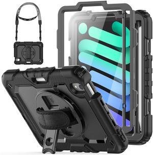 HXCASEAC Case for iPad Mini 7 (A17 pro 2024) / Mini 6 8.3 inch, Shockproof Design with Pencil Holder/Screen Protector/Hand Strap, Kids Case for iPad Mini 7th/6th Generation 8.3" - Black