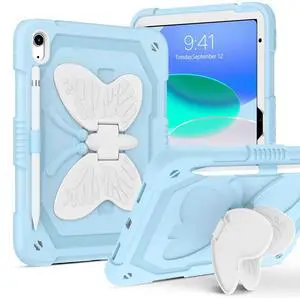 DUEDUE for iPad(A16) 11th Generation 11 Inch 2025 Case, iPad 10th Generation 10.9 inch 2022 Case, Butterfly Wings Kickstand Heavy Duty Shockproof Protective Tablet Cases for Kids, Beige/Blue