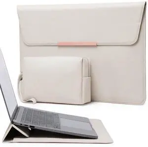 HYZUO 15 Inch Laptop Sleeve Case with Stand Feature for MacBook Air 15 M4 A3241 M3 A3114 M2 A2941 2025-2023, MacBook Pro 15, 15" Surface Laptop 7/6/5/4/3, with Carrying Pouch, Beige(Smiley)