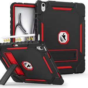 Grifobes Case for iPad Air 13-inch (M3/M2) 2025/2024, Heavy Duty Shockproof Rugged Protective Cover with Pencil Holder/Built-in Stand for i Pad Air 13" (Black+Red)