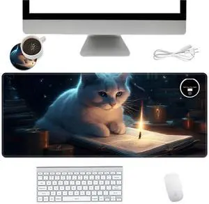 HEAKIERG Candle Cat Warm Desk Pad Card Breaking Mat with Stitched Edge, PU Leather Non-Slip Rubber Bottom Heated Mouse Pad for Office, Gaming, Home, Computer[6 Levels Heating] - 23.6 x 14 Inch