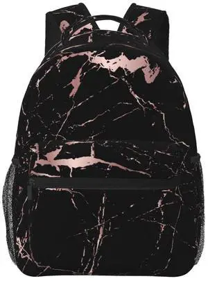 HKHEHOP Trendy Marble Modern Rose Gold Black Backpack For School Laptop Bags Bookbag Big Casual Daypack For Student Girls Boys Kids Teens Travel Sports Work