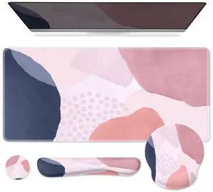 iCasso Desk Mat, Gaming Mouse Pad Wrist Support Set, XXL Large Mousepad + Keyboard Wrist Rest+Mouse Wrist Rest+Coastert with Ergonomic Design for Home Office Computer (C-Four-Pink-Block)