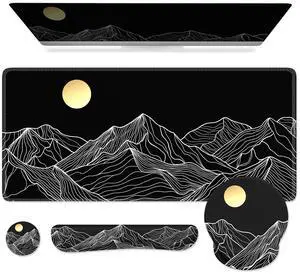 iCasso Large Mouse Pad, 4in1 XXL Mousepad + Keyboard Wrist Rest+Mouse Wrist Rest+Coaster Set with Ergonomic Design for Computer(Black-Mountain)
