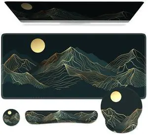 iCasso Large Mouse Pad, 4in1 XXL Mousepad + Keyboard Wrist Rest+Mouse Wrist Rest+Coaster Set with Ergonomic Design for Computer(Cyan-Mountain)