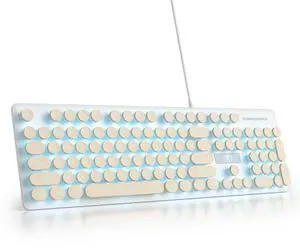 surmen Cute Quiet Keyboard USB Wired Typewriter Keyboard, Light Up Backlit PC Keyboards with Retro Round Keys Full Size 104 Keys for Office Computer (Khaki)