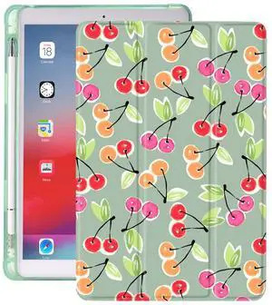 Idocolors Cherry Pad Green Case for iPad 7th/8th/9th Generation (10.2 Inch 2019/2020/2021) Cute Girly Anti-Scratch Shockproof With Pencil Holder Lightweight Smart Trifold Stand