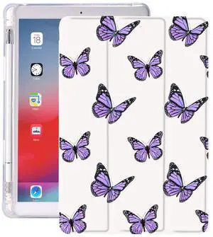 Idocolors Pad Case Purple Butterfly White Case for 12.9" iPad Pro 2021 Cute Abstract Art Girly Anti-Scratch Shockproof with Pencil Holder Lightweight Smart Trifold Stand Case(Model Number: A2378)