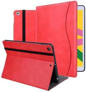 HFcoupe 10.2 Case for iPad 9th Generation 2021 / 8th Gen 2020 / 7th Gen 2019, Multiple Angles Viewing Leather Folio Protective Cover with Pencil Holder and Pocket Auto Sleep/Wake - Red