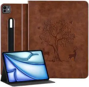 HFcoupe for iPad Air 13 inch Case M3/M2 (2025/2024) & iPad 12.9 Cases 6th/5th/4th Generation with Elastic Pencil Holder, Auto Wake/Sleep Cover Magnetic Closure, Embossed Lucky Tree Design, Tan
