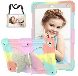 HOGENL for iPad 9th 8th 7th Generation Case for Kids Girl with Pencil Holder, for iPad 10.2 Case with Butterfly Stand Shoulder Strap Shockproof Protective Cover, Multicolor