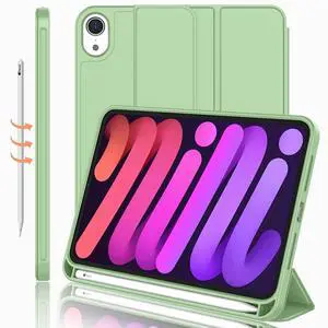 iMieet iPad Mini 7 Case 2024 (A17 Pro), iPad Mini 6 Case (8.3-Inch,2021 Model), iPad Mini 7th/6th Generation Case with Pencil Holder, Trifold Stand Smart Case with Soft TPU Back,Matcha Green
