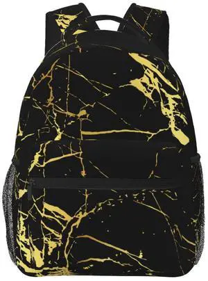 HKHEHOP Black And Gold Marble Backpack For School Laptop Bags Bookbag Big Casual Daypack For Student Girls Boys Kids Teens Travel Sports Work