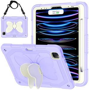 HOGENL for iPad Pro 11 inch Case for Kids Girl with Pencil Holder, for iPad Air 5th/4th Generation Case 10.9" with Butterfly Stand Shoulder Strap Protective Cover for pro 11 4th/3rd/2nd/1st, Purple