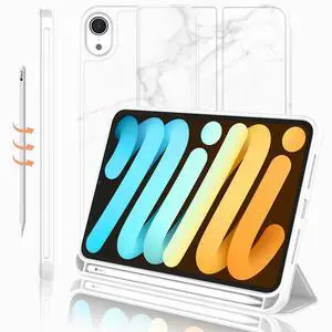 iMieet iPad Mini 7 Case 2024 (A17 Pro), iPad Mini 6 Case (8.3-Inch,2021 Model), iPad Mini 7th/6th Generation Case with Pencil Holder, Trifold Stand Smart Case with Soft TPU Back,Marble White