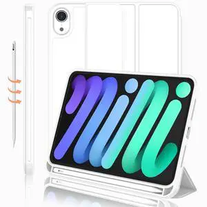 iMieet iPad Mini 7 Case 2024 (A17 Pro), iPad Mini 6 Case (8.3-Inch,2021 Model), iPad Mini 7th/6th Generation Case with Pencil Holder, Trifold Stand Smart Case with Soft TPU Back,White