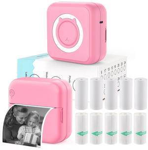 HUIJUTCHEN Inkless Mini Thermal Pocket Printer, Wireless Mini Sticker Printer with 10 Rolls Thermal Paper for iOS&Android, Portable Mini Photo Printer for Notes Journal Memo Photo Study, Pink