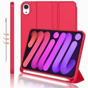 iMieet iPad Mini 7 Case 2024 (A17 Pro), iPad Mini 6 Case (8.3-Inch,2021 Model), iPad Mini 7th/6th Generation Case with Pencil Holder, Trifold Stand Smart Case with Soft TPU Back,Red