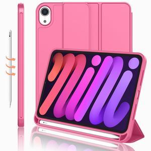 iMieet iPad Mini 7 Case 2024 (A17 Pro), iPad Mini 6 Case (8.3-Inch,2021 Model), iPad Mini 7th/6th Generation Case with Pencil Holder, Trifold Stand Smart Case with Soft TPU Back,Peach Red