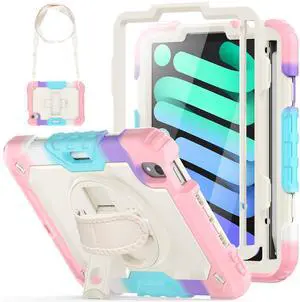 HXCASEAC Case for iPad Mini 7 (A17 pro 2024) / Mini 6 8.3 inch, Shockproof Design with Pencil Holder/Screen Protector/Hand Strap, Kids Case for iPad Mini 7th/6th Generation 8.3" - Pink