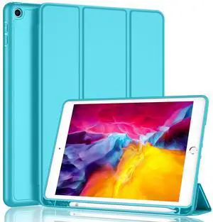 iMieet iPad 9th Generation Case 2021/iPad 8th Generation Case 2020 10.2 Inch with Pencil Holder, iPad 7th Gen 2019 Case with Soft Baby Skin Silicone Back, Auto Wake/Sleep Cover (Cyan)