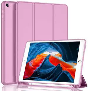 iMieet iPad 9th Generation Case 2021/iPad 8th Generation Case 2020 10.2 Inch with Pencil Holder, iPad 7th Gen 2019 Case with Soft Baby Skin Silicone Back, Auto Wake/Sleep Cover (Pastel Violet)