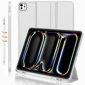 iMieet for iPad Pro 11 Inch Case M4 2024 (5th Generation) with Pencil Holder, [Support Pencil Pro and Pencil (USB-C)], Trifold Stand Smart Case with Soft TPU Back, Auto Wake/Sleep (Light Gray)