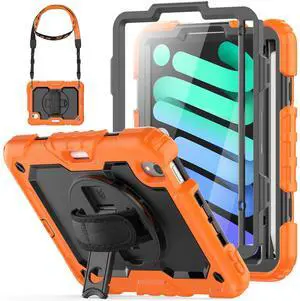 HXCASEAC Case for iPad mini 7 (A17 pro 2024) / Mini 6 8.3 inch, Shockproof Design with Pencil Holder/Screen Protector/Hand Strap, Kids Case for iPad mini 7th/6th Generation 8.3" - Orange
