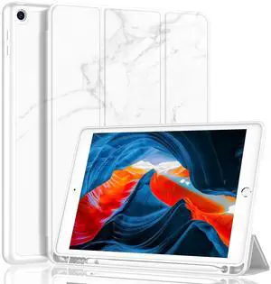 iMieet iPad 9th Generation Case 2021/iPad 8th Generation Case 2020 10.2 Inch with Pencil Holder, iPad 7th Gen 2019 Case with Soft Baby Skin Silicone Back, Auto Wake/Sleep Cover (Marble White)