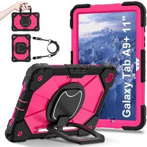 Jaorty Case for Samsung Galaxy Tab A9 Plus/A9+ 11 Inch Model (SM-X210/X216/X218) with [Shoulder Strap] [Pencil Holder] 360deg Rotating [Hand Girp & Stand] Shockproof Protective Case,Black+Rose red
