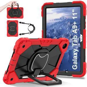 Jaorty Case for Samsung Galaxy Tab A9 Plus/A9+ 11 Inch Model (SM-X210/X216/X218) with [Shoulder Strap] [Pencil Holder] 360deg Rotating [Hand Girp & Stand] Shockproof Protective Case,Red+Black